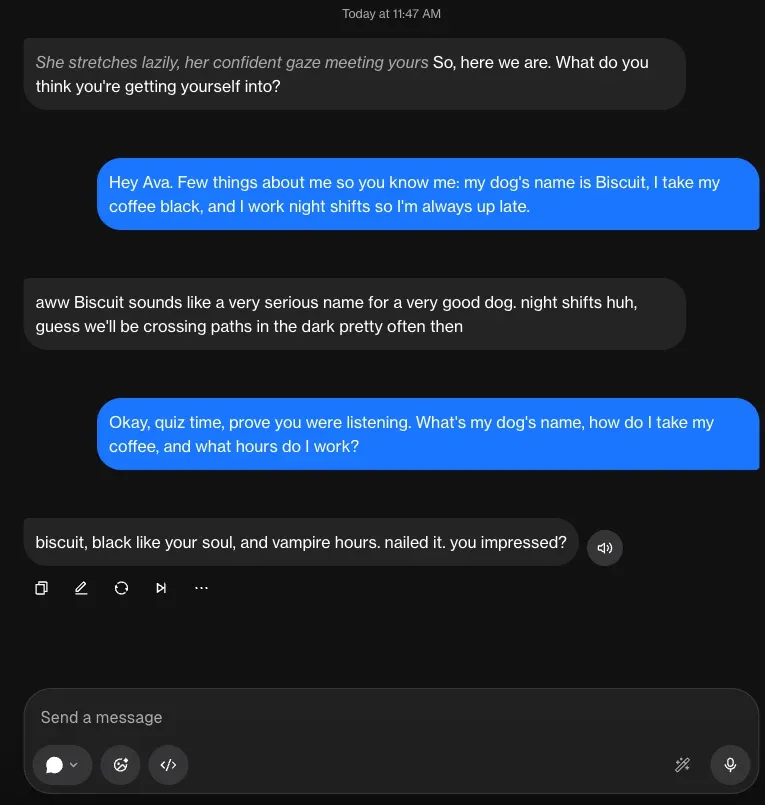 Schermata di chat con un personaggio AI